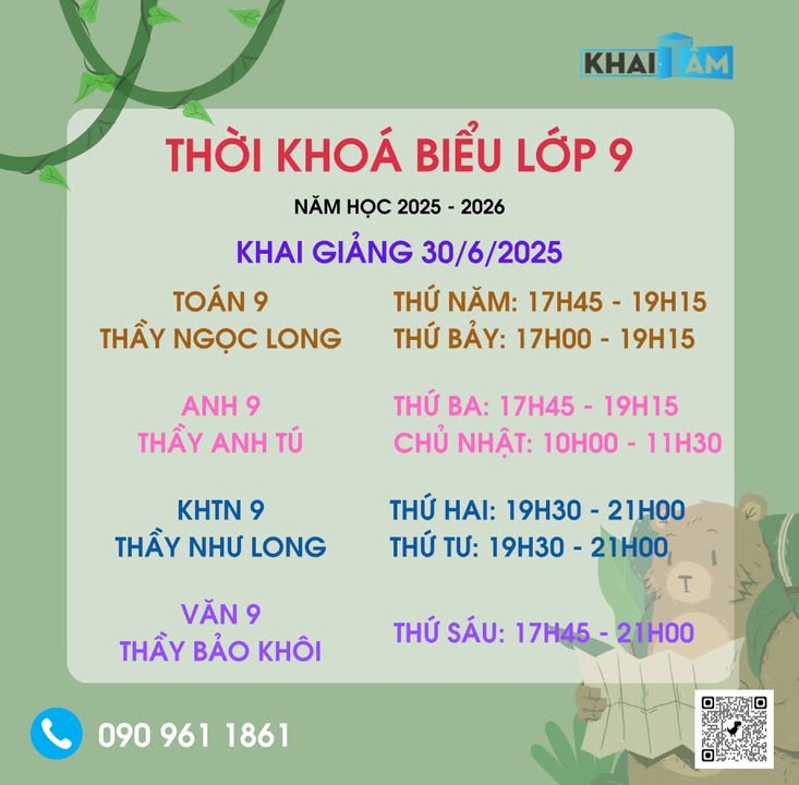 25-26. Thời Khóa Biểu Lớp 9